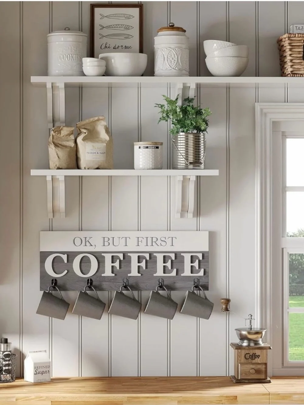 Barnyard Designs 'Ok, But First Coffee' Hanging Mug Holder,